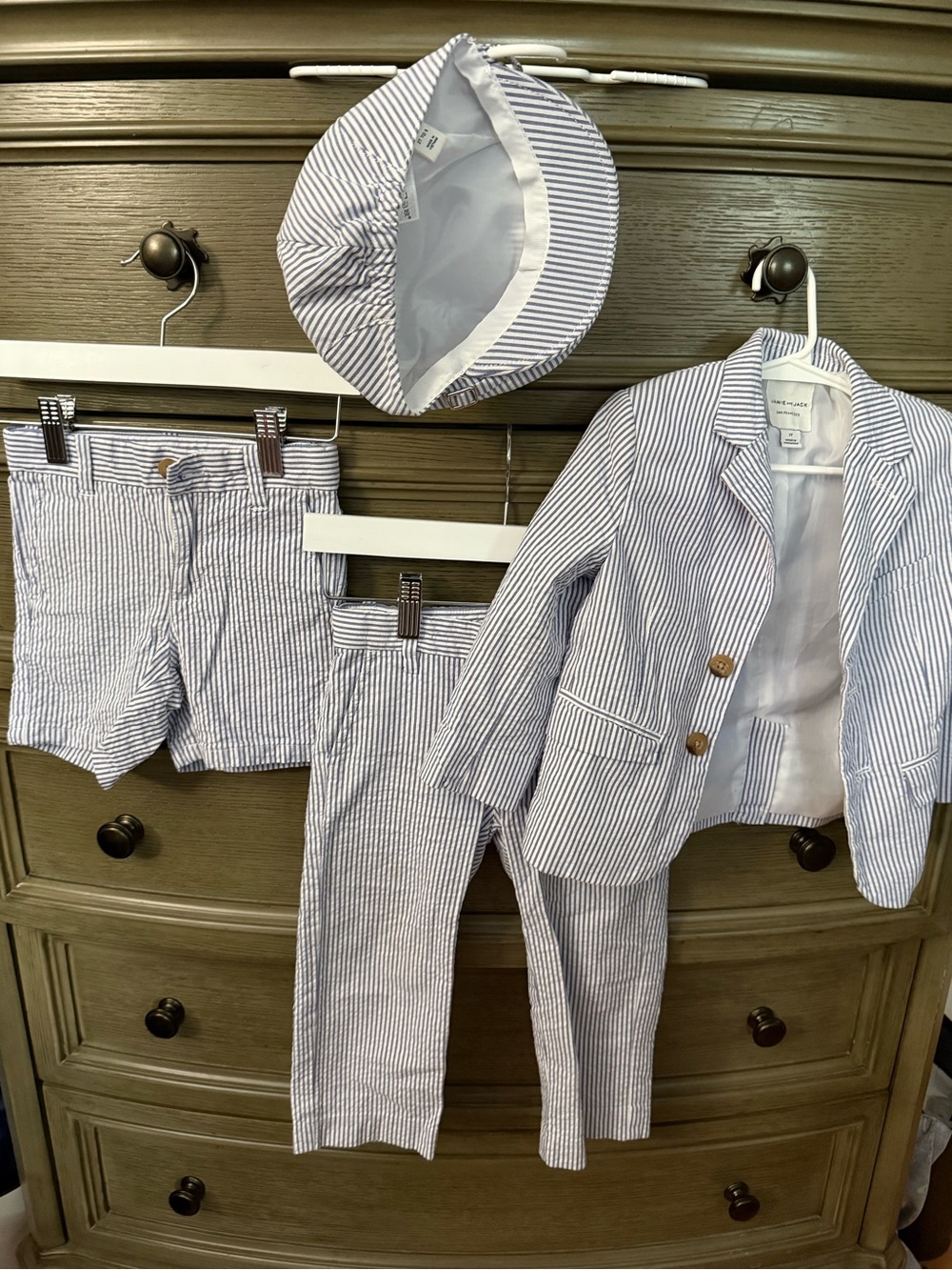 Janie and Jack White and Blue Seersucker Stripe Hat and Suit Set